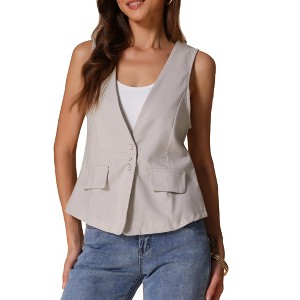 INSPIRE CHIC Women's Casual Linen Loose Faux Flap Pocket Lightweight Blazer Vest - 1 of 4