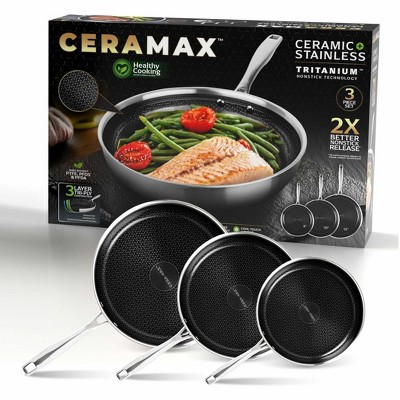 Ceramax 3 Piece Ceramic Stainless Steel Nonstick Fry Pan Set 8” 10” 12” Triply Induction Cookware