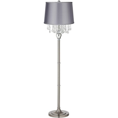 360 Lighting Modern Floor Lamp Satin Steel Chrome Crystal Chandelier Light Gray Satin Drum Shade for Living Room Reading Bedroom