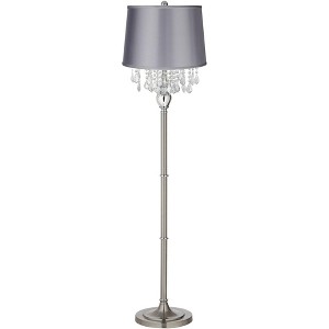 360 Lighting Modern Floor Lamp 62.5" Tall Satin Steel Chrome Crystal Chandelier Light Gray Satin Drum Shade for Living Room Reading Bedroom - 1 of 3