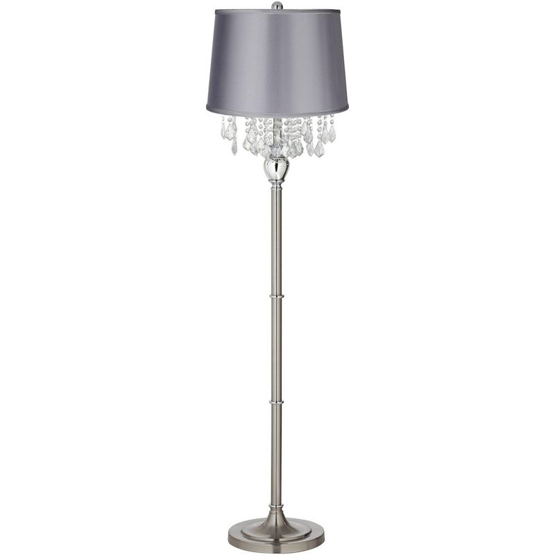 360 Lighting Modern Floor Lamp 62.5" Tall Satin Steel Chrome Crystal Chandelier Light Gray Satin Drum Shade for Living Room Reading Bedroom, 1 of 4