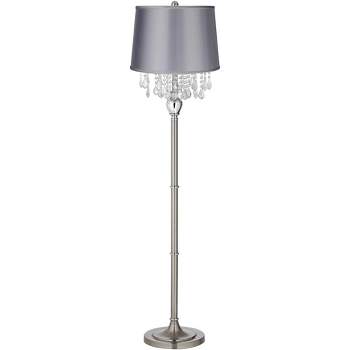 360 Lighting Modern Floor Lamp 62.5" Tall Satin Steel Chrome Crystal Chandelier Light Gray Satin Drum Shade for Living Room Reading Bedroom