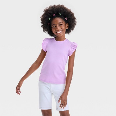 Girls' Short Ruffle Striped Ribbed T-Shirt - Cat & Jack™