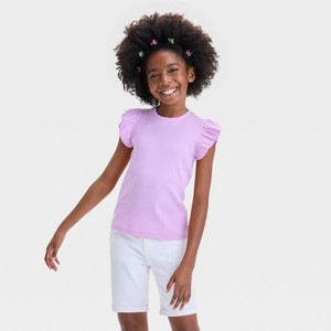 Girls' Short Ruffle Striped Ribbed T-Shirt - Cat & Jack™ - 1 of 3