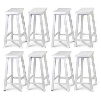 PJ Wood Classic Saddle-Seat 24" Tall Kitchen Counter Stools for Homes, Dining Spaces, and Bars w/Backless Seats, 4 Square Legs, White (8 Pack)