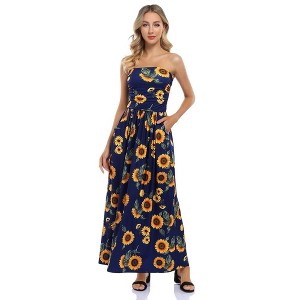 Women Strapless Floral Print Bohemian Boho Maxi Dress Casual Off Shoulder Beach Party Dress with Pockets - 1 of 4