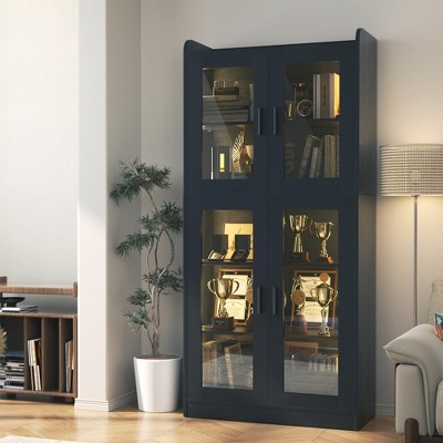 Aheaplus 67" Display Cabinet with Glass Doors, 5-Tier Tall Bookcase with Storage Shelves and LED Lights