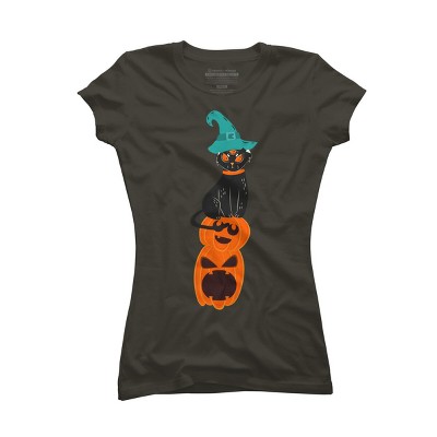 Junior's Design By Humans Halloween Pumpkins and Witch Cat By famenxt T-Shirt