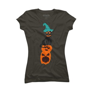 Junior's Design By Humans Halloween Pumpkins and Witch Cat By famenxt T-Shirt - 1 of 3
