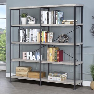 Vynxaria Transitional Minimalist Double-Wide Bookcase 4 Side Shelves, Sturdy Black Metal Frame, Grey Driftwood & Black - 1 of 4
