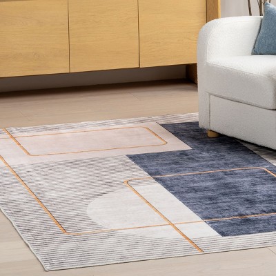 Modern Abstract Blue and Beige Washable Area Rug