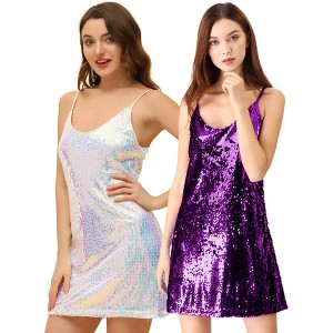 Allegra K Women's Glitter Sequin Spaghetti Strap V Neck Cocktail Sparkly Mini Dress 2 Packs - 1 of 4
