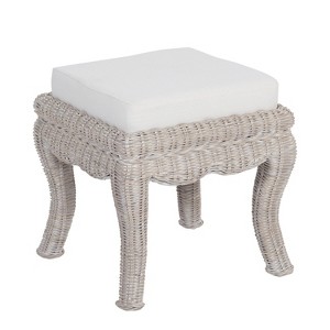 JONATHAN Y Rowan 19.7" Bohemian Designer Woven Rattan/Wood Ottoman Vanity Stool, White Cushion Seat - 1 of 4