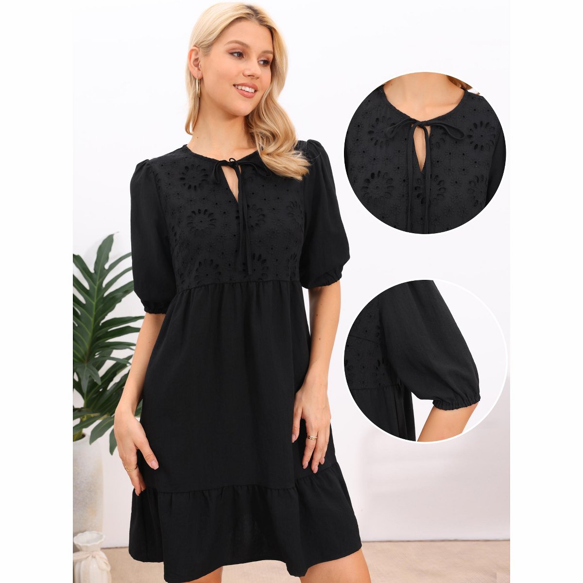 Женские платья INSPIRE CHIC Women's Summer Embroidered Eyelet Puff Sleeve Ruffle Hem Short Babydoll Dresses Small Black — фото 2