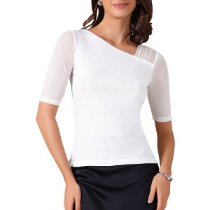 INSPIRE CHIC Women's Half See-through Sleeves Irregular Neckline Solid Color Stretchy T-Shirts - 1 of 4