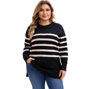 Women's Plus Size Striped Crew Neck Side Slits Long Sleeve Batwing Trendy Casual Pullover Sweater - Agnes Orinda - 1 of 4
