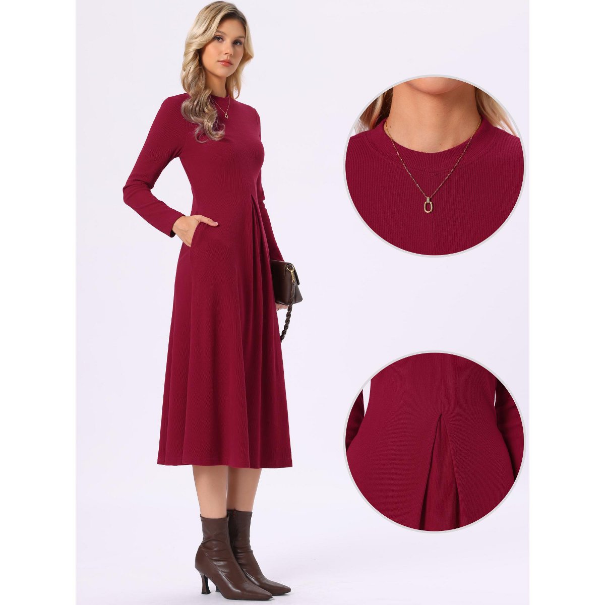 Женские платья INSPIRE CHIC Women's Casual Ribbed Knit Long Sleeve Crew Neck A-Line Long Dress Burgundy Large — фото 2