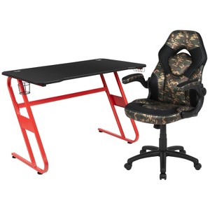 Emma and Oliver Gaming Bundle-Red Desk, Cup Holder, Headphone Hook and Camouflage Chair - 1 of 4
