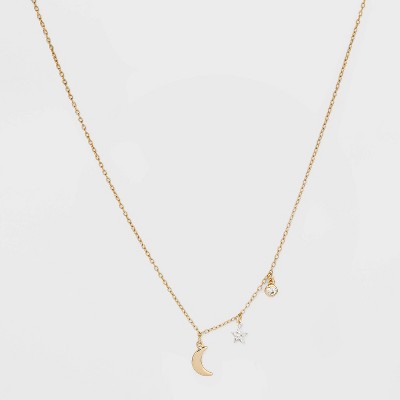 Sterling Silver Gold Dipped Cubic Zirconia Star and Moon Chain Necklace -  Gold