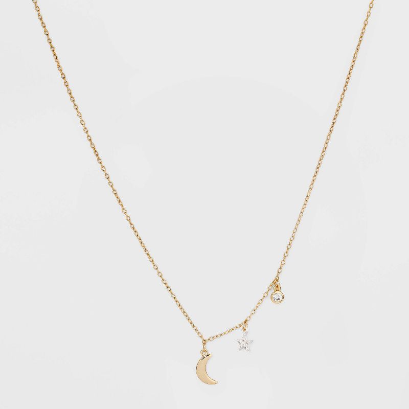 Sterling Silver Gold Dipped Cubic Zirconia Star and Moon Chain Necklace - Gold, 1 of 7