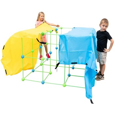 Funphix Glow in the Dark Jumbo Indoor and Outdoor Fort Building Construction Toy Play Kit with Poles, Balls, and 4 Long Sheets, 154 pieces