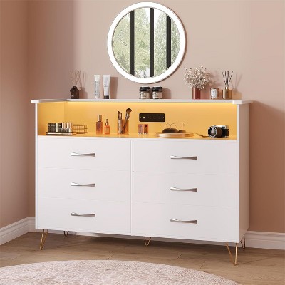 Coucheta White 6-Drawer LED Dresser with Charging Station - 3 Outlets + 2 USB, RGB Lights, Modern Wood Design