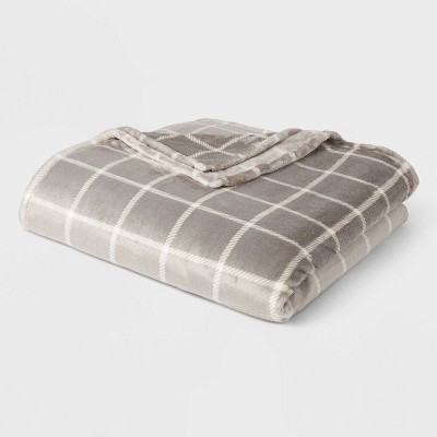 Twin/Twin XL Microplush Printed Bed Blanket Gray Plaid - Threshold™