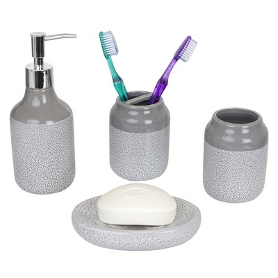 Home Basics Crackle 4 Piece Ceramic Bath Accessory Set, Grey