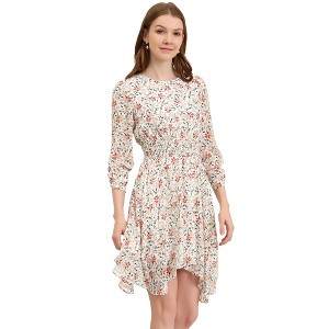 Allegra K Women's Smocked Shirred 3/4 Sleeve Asymmetrical Hem Pleated Chiffon Floral Dress - 1 of 4