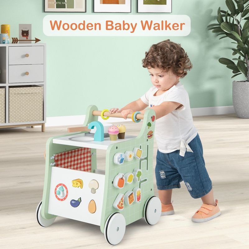 Costway 6-in-1 Baby Push Walker Wooden Strollers Learning Activity Center Toy with Kitchen, 3 of 11