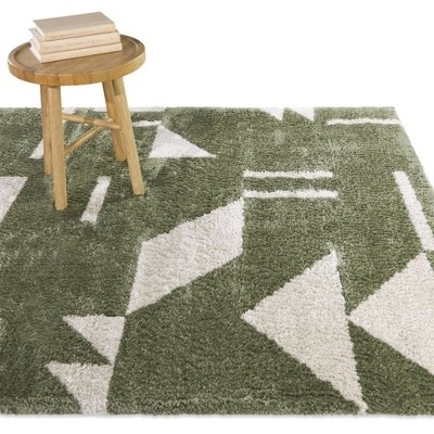 Green and White Geometric Synthetic Area Rug