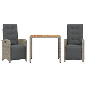 vidaXL 3 Piece Bistro Set with Cushions - Gray Poly Rattan - Adjustable Reclining Garden Chairs - Outdoor Table - Patio Furniture - 1 of 4