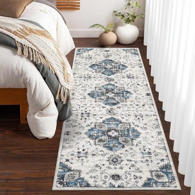 Floral Medallion Area Rug Vintage Boho Distressed Washable Rugs for Living Room Bedroom, Low Pile Non-Slip