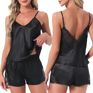 INSPIRE CHIC 2 Pcs Women's Satin Pajamas Silky Soft V-Neck Lace Trim Lingerie Camisole Tops with Shorts Loungewear Set - 1 of 4