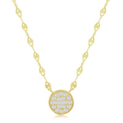 Bella Silver Sterling Silver Circle Pave CZ Mirror Chain Choker Necklace - Gold Plated - Gold - 14+3 Inch