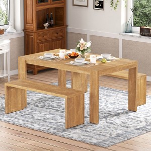 CAVINAS Dining Table Set for 4 Farmhouse Rectangular 3-piece Dining Set with 2 Wood Benches for Kitchen - 1 of 4