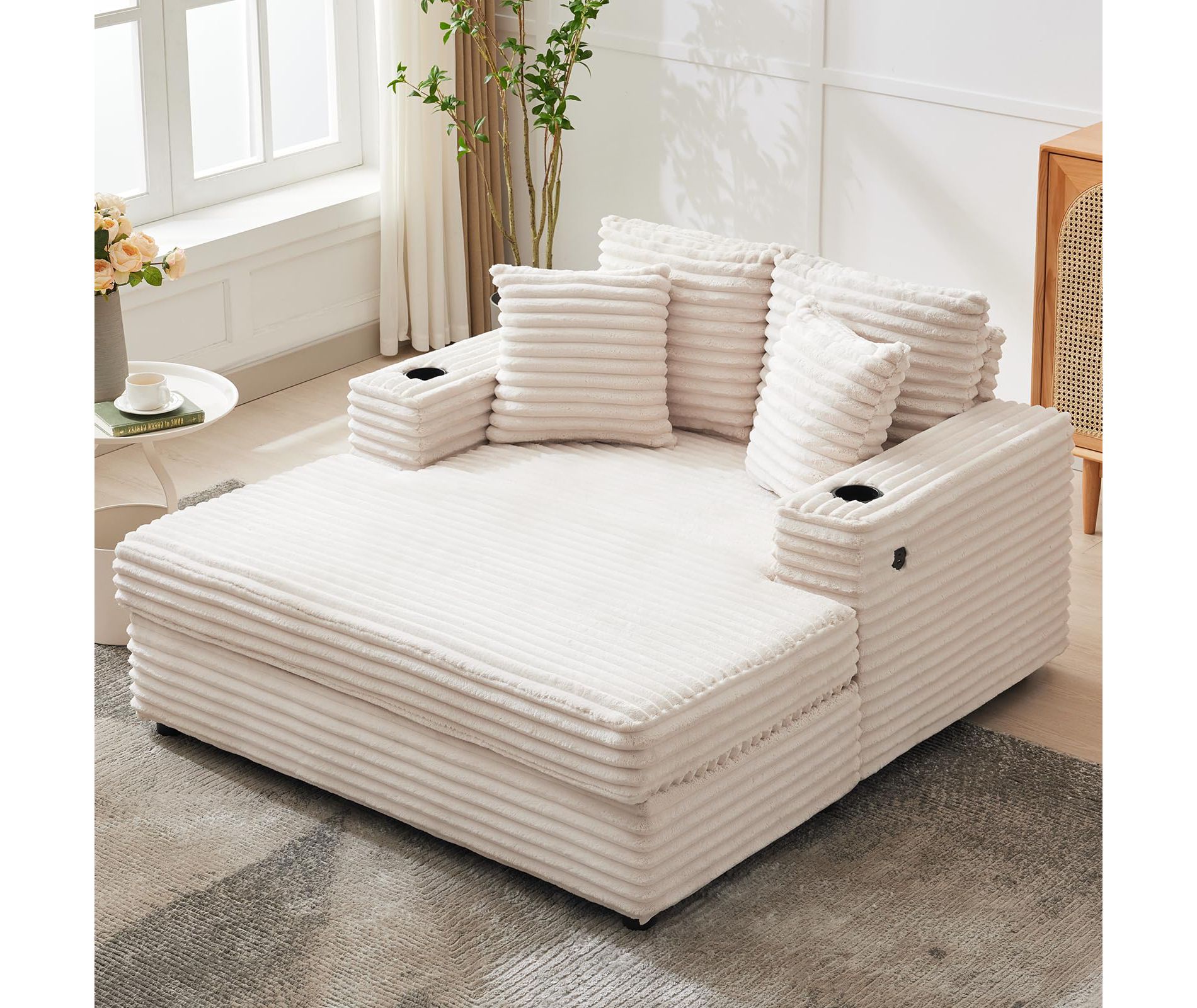 60" Oversized Chaise Lounge with Cup Holder, Fluffy Chaise Lounges Chair Indoor with USB & Type C Charging Port