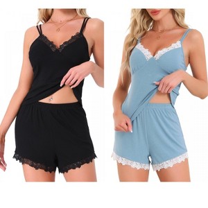 INSPIRE CHIC Women 2 Pcs Lounge Set Sleeveless Lace Spaghetti Strap Ribbed Pajama Sets - 1 of 4