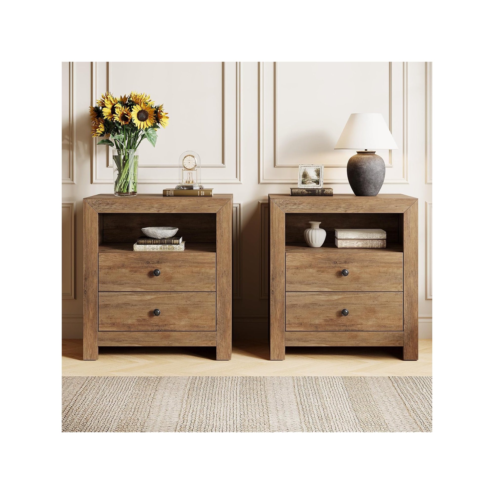 Lantine Farmhouse Nightstand with 2 Storage Drawers, Rustic Night Stand Bed Side Table for Bedroom, End Table for Small Places, Brown