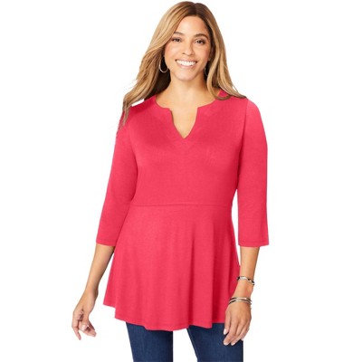 Jessica London Women's Plus Size Stretch Knit Henley Notch Babydoll Tunic
