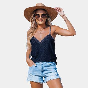 Women's Navy Lace Trim V-Neck Cami - Cupshe