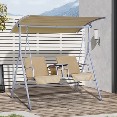 Beige Metal 2-Person Outdoor Swing with Canopy and Storage