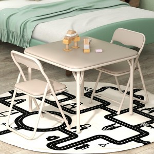 Folding Table and Chairs Set of 3 for Boys and Girls, Portable Table and Chair with Pu Soft Cushion, Suitable for Eating, Reading, Playing - 1 of 4