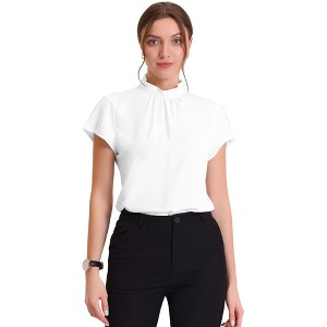 INSPIRE CHIC Women's Mock Neck Pleated Elegant Office Solid Cap Sleeve Blouse - 1 of 4