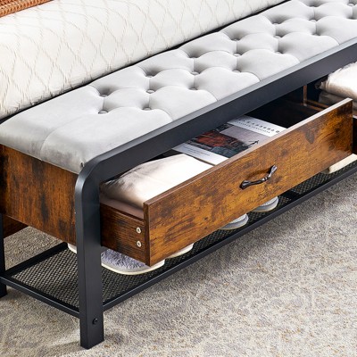 Modern Full Size Bed Frame with Headboard – Platform Design, Ottoman Storage Bench & Drawers, Strong Metal Frame, Rounded Corners