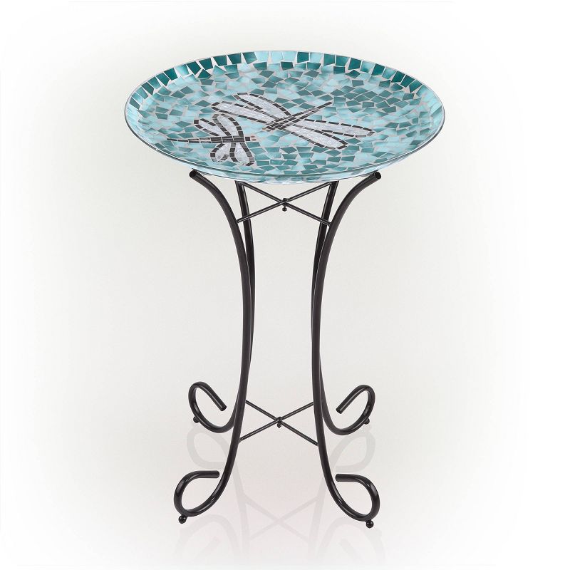 23&#34; Outdoor Mosaic Dragonfly Glass Birdbath Bowl with Metal Stand Turquoise Green - Alpine Corporation, 3 of 9