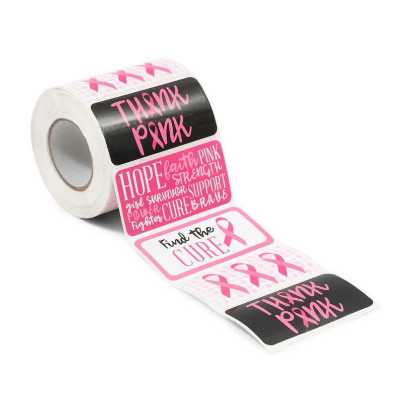 Paper Junkie 500-Pack Breast Cancer Awareness Stickers Roll, Motivation and Thank You Quotes (3 x 1.5 in), 1 of 8