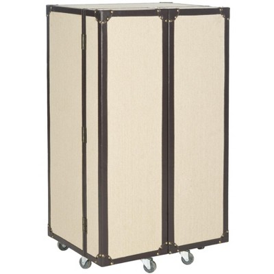 Beige Linen and Vegan Leather Industrial Beverage Cabinet