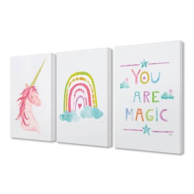 Image of 3pc 16"x1.5"x20" You Are Magic Rainbow & Unicorn Stretched Kids' Canvas Art Set: Unicorn Decorations