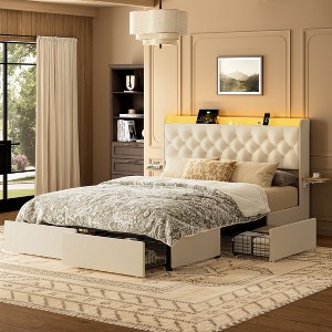 WOWLIVE Full/Queen/King Upholstered Platform Bed Frame with 4 Storage Drawers, Velvet Tufted Headboard with LED light & Charging Station - 1 of 4